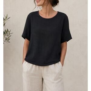 Flax by Jeanne Engelhart  Linen Boxy Top Black Medium Lagenlook Boho